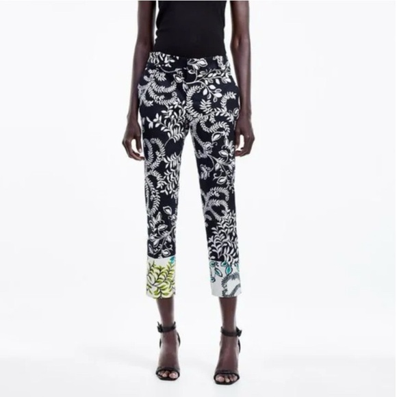ZARA Printed Ankle Pants | Black Cream Tropical Floral | 97% Cotton Stretch | 2 - Picture 7 of 14